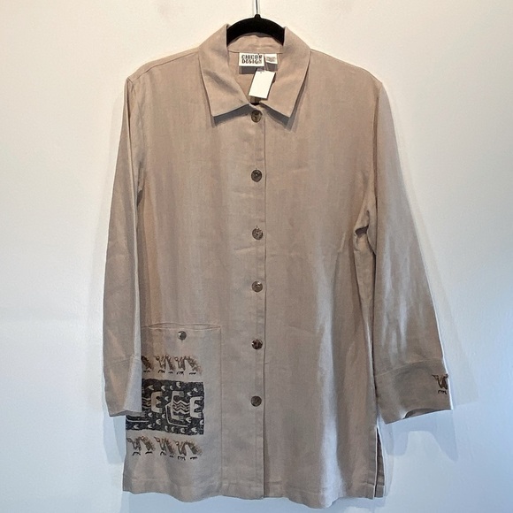 Chico’s Linen Shirt Jacket Size 1 US M 8-10 Beige Tribal Artsy Long Sleeves - Picture 1 of 9
